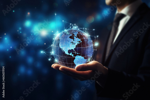 Businessman hand holding earth. online networking connection with data exchanges concept.