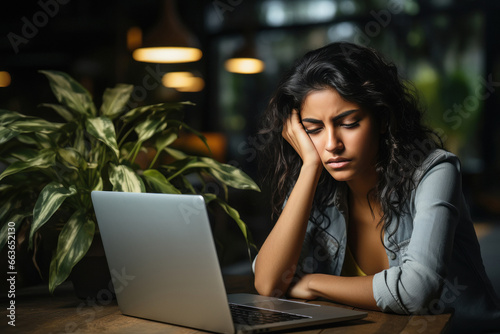 Woman getting headache while using laptop © PRASANNAPIX