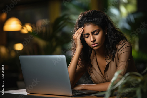 Woman getting headache while using laptop © PRASANNAPIX