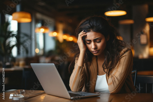 Woman getting headache while using laptop photo