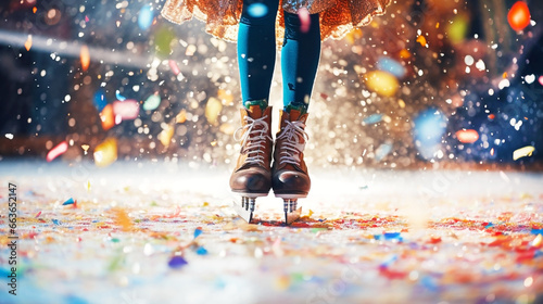 Cropped portrait of person on roller skates in aesthetics of the 80s against the background with sparkles, confetti. Holiday, Christmas concept. Banner photo