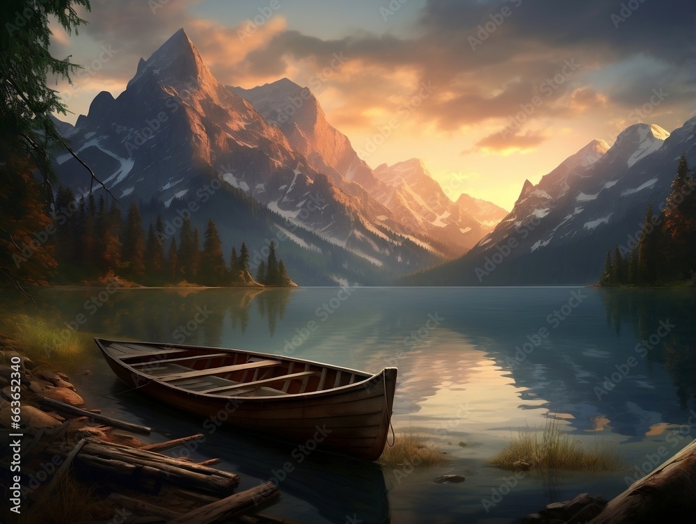 A boat on a lake with mountains in the background generative ai