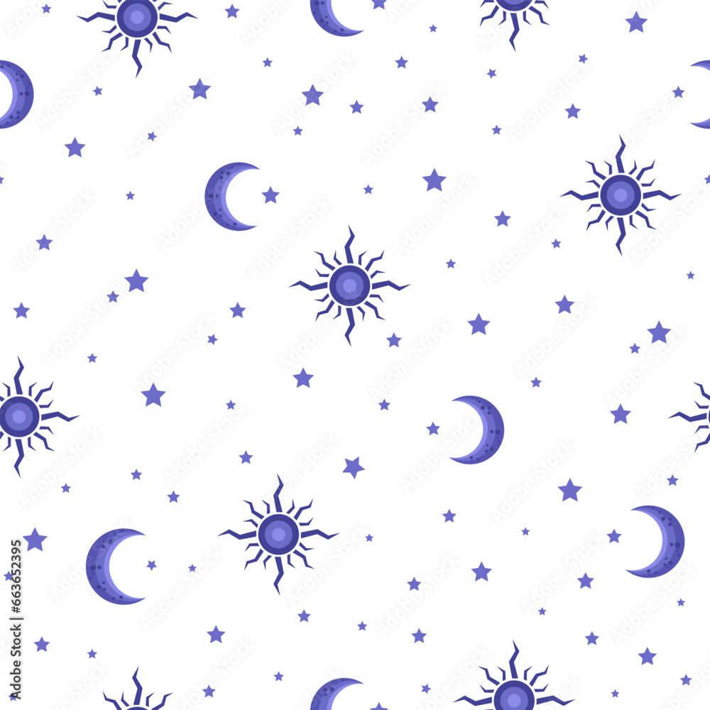Naklejka premium blue celestial sun, moon, stars, sky seamless pattern. magic wizard background. good for fabric, fashion design, textile, pajama, bedding, wallpaper, wrapping paper.