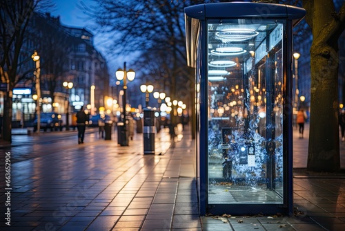 white blank advertising billboard. street mockup panel. digital lightbox poster ad banner board. bus shelter advertising. green park background. vertical format sign. Generated AI