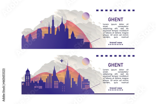 Ghent Belgium city banner pack with abstract shapes of skyline, cityscape, landmarks and attractions. Europe travel vector illustration set for brochure, website, page, header