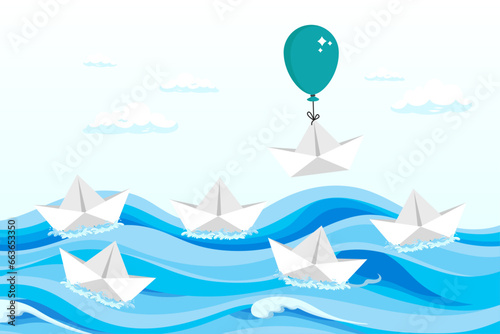 Stand out origami paper boat flying with air balloon in different path instead of follow others, think different, innovation to change from routine traditional thinking (Vector)