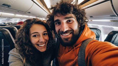 Happy tourist taking selfie inside airplane - Cheerful couple on summer vacation - Passengers boarding on plane - Holidays and transportation concept © Kowit