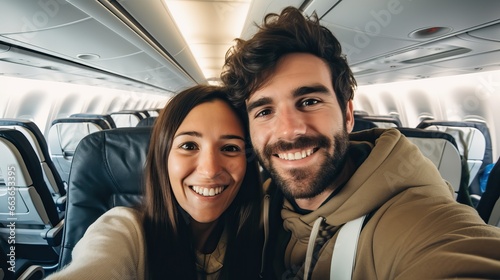 Happy tourist taking selfie inside airplane - Cheerful couple on summer vacation - Passengers boarding on plane - Holidays and transportation concept