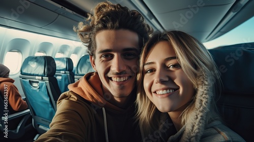 Happy tourist taking selfie inside airplane - Cheerful couple on summer vacation - Passengers boarding on plane - Holidays and transportation concept © Kowit