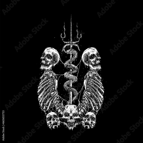 snake skull skeleton horror death metal illustration. hand drawn horror illustration