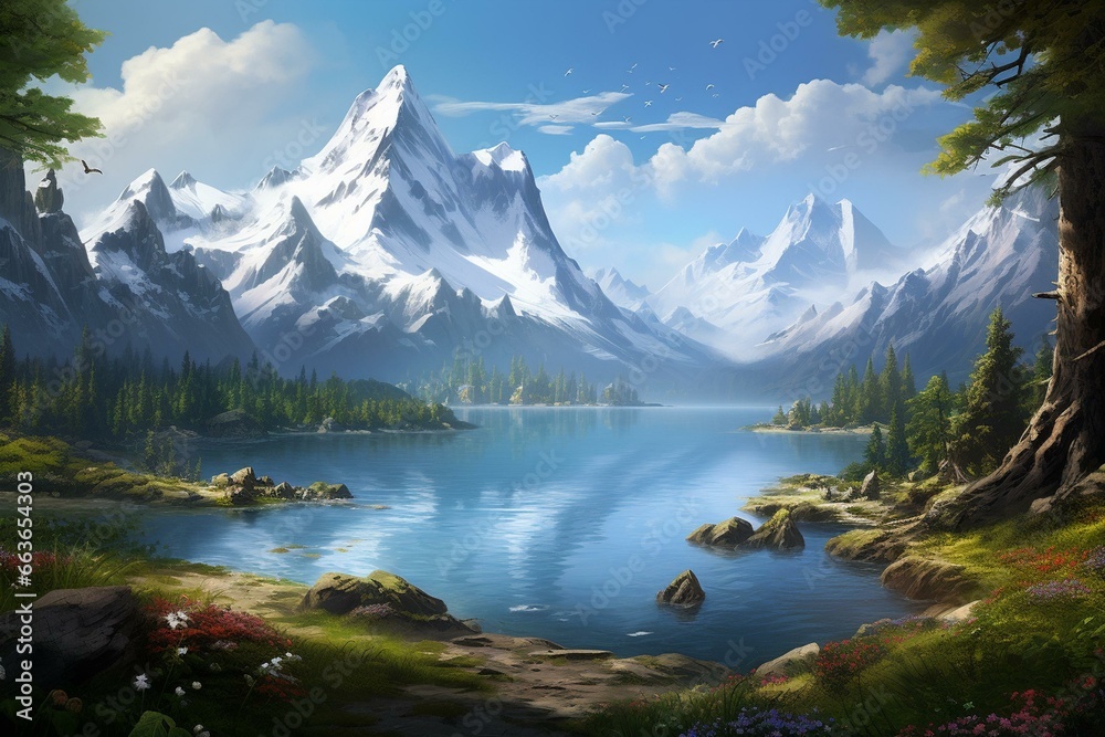 Scenic vista of serene lake amidst mountains. Generative AI