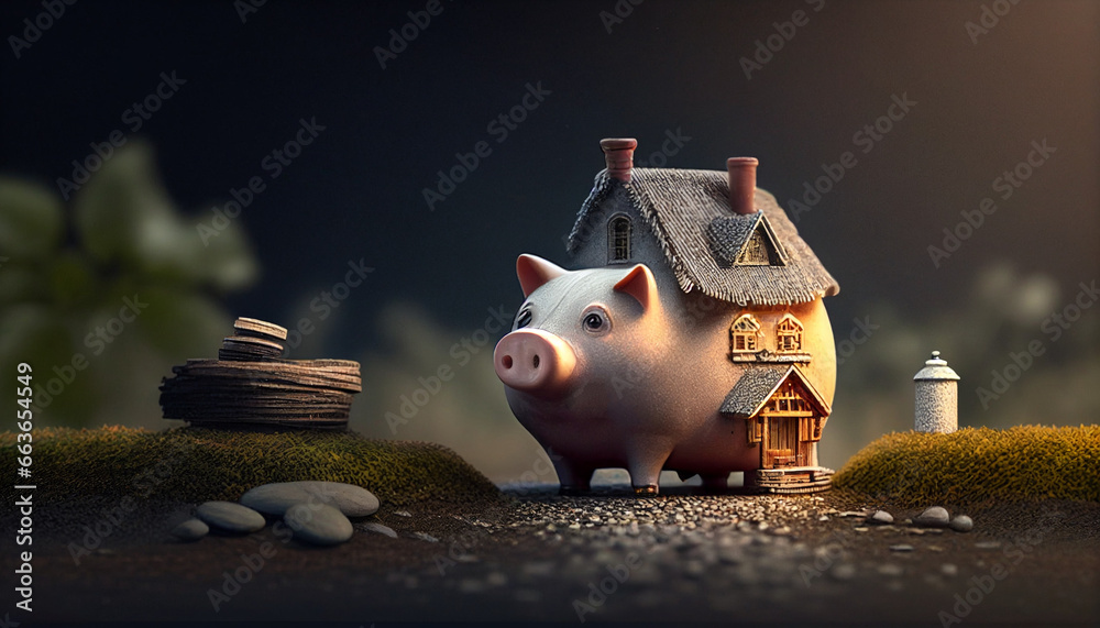 Sparschwein trägt Haus auf dem Rücken für Investition sparen Hauskauf Preise Inflation Generative AI  - obrazy, fototapety, plakaty 