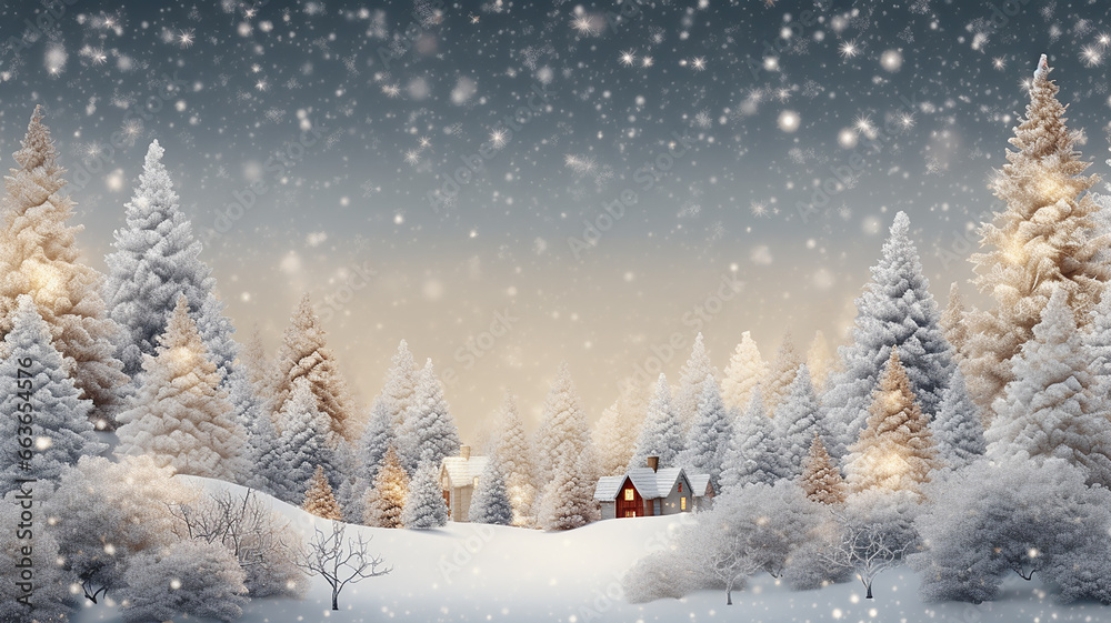 A winter village background with snowy trees,