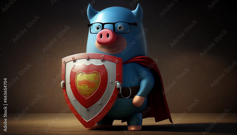 Schwein als Superheld mit Schutzschild und Umhang gefahren abwehren Sichtweite und Gesundheit Cyberangriff verteidigen blocken Prävention Geld für Sicherheit und Schutz ausgeben Generative AI  - obrazy, fototapety, plakaty 