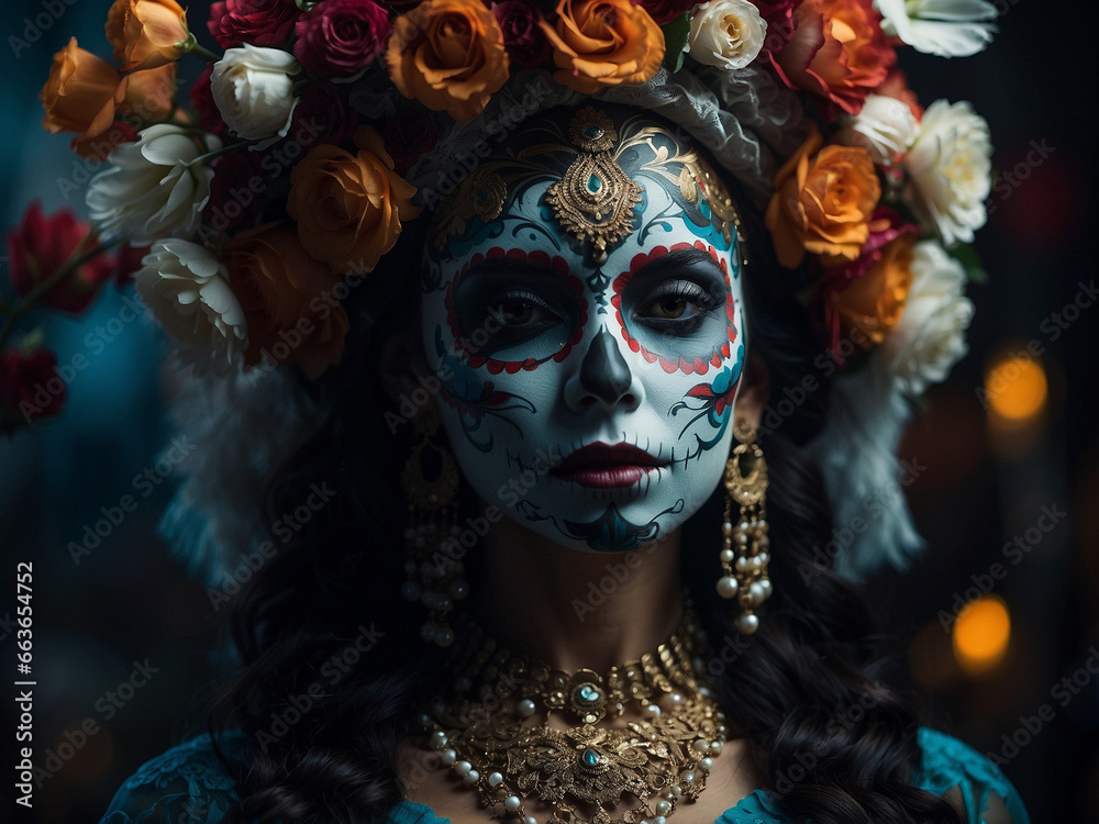 Festive Mexican Heritage: Woman with Colorful Face Tattoos for Dia de los Muertos, La Calavera Catrina, Mexico. Day of the dead. Folklore, tradition beautiful face make up