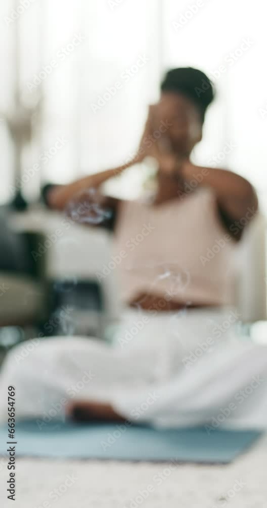 Yoga, incense or woman in prayer meditation in home or house studio for wellness, peace or balance. Blur, relax or zen African person in pilates for energy training, breathe or holistic exercise Yoga, incense or woman in prayer meditation in home or house studio for wellness, peace or balance. Blur, relax or zen African person in pilates for energy training, breathe or holistic exercise