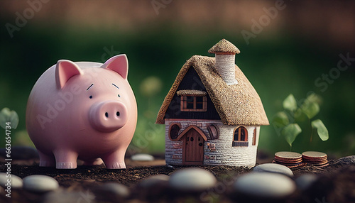 Eigenheim bauen und finanzieren Immobilienmarkt Bausparvertrag Investment Sparschwein neben Haus Hausbau Immobilie sparen Generative AI  photo