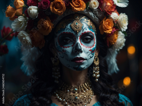 Festive Mexican Heritage: Woman with Colorful Face Tattoos for Dia de los Muertos, La Calavera Catrina, Mexico. Day of the dead. Folklore, tradition beautiful face make up © ArtistiKa
