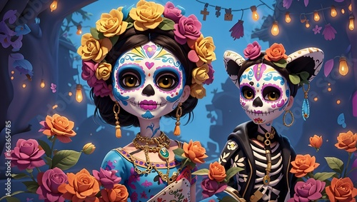 Festive Mexican Heritage: Woman with Colorful Face Tattoos for Dia de los Muertos, La Calavera Catrina, Mexico. Day of the dead. Folklore, tradition beautiful face make up