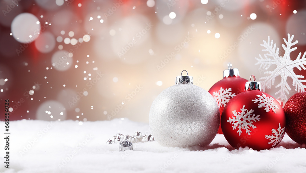 Bokeh background with red baubles and flakes ornaments on a snow. Bokeh background with red baubles and flakes ornaments on a snow.