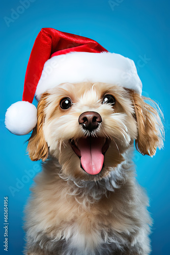 Close-up of an expressive dog wearing a Santa Claus hat on a blue background