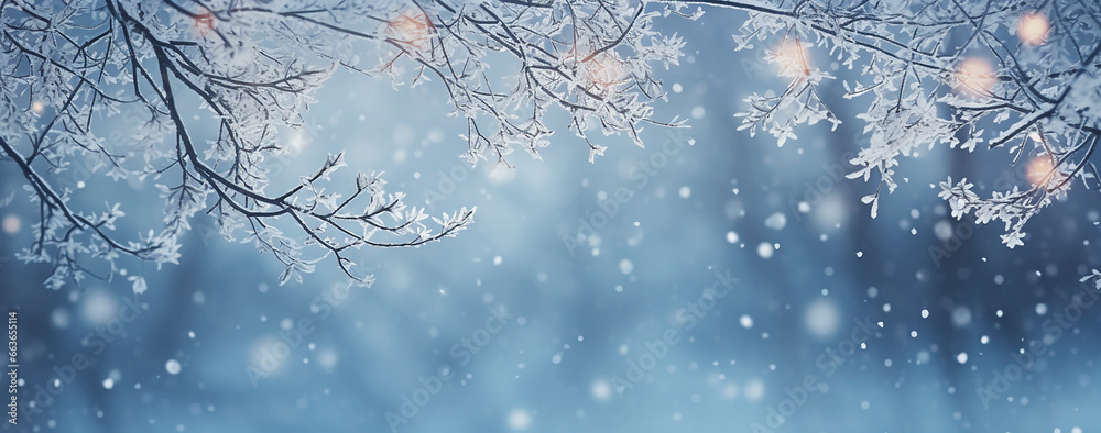 snowy winter branch with a blur snow background
