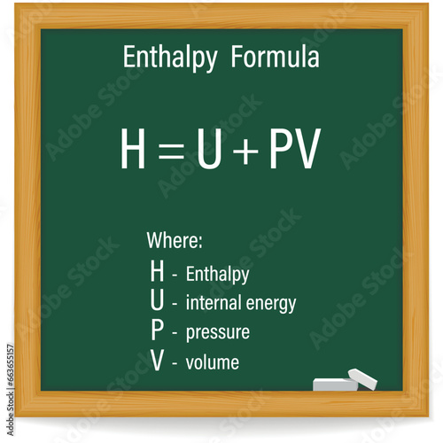 Enthalpy Formula on a green chalkboard. Education. Science. Formula. Vector illustration.