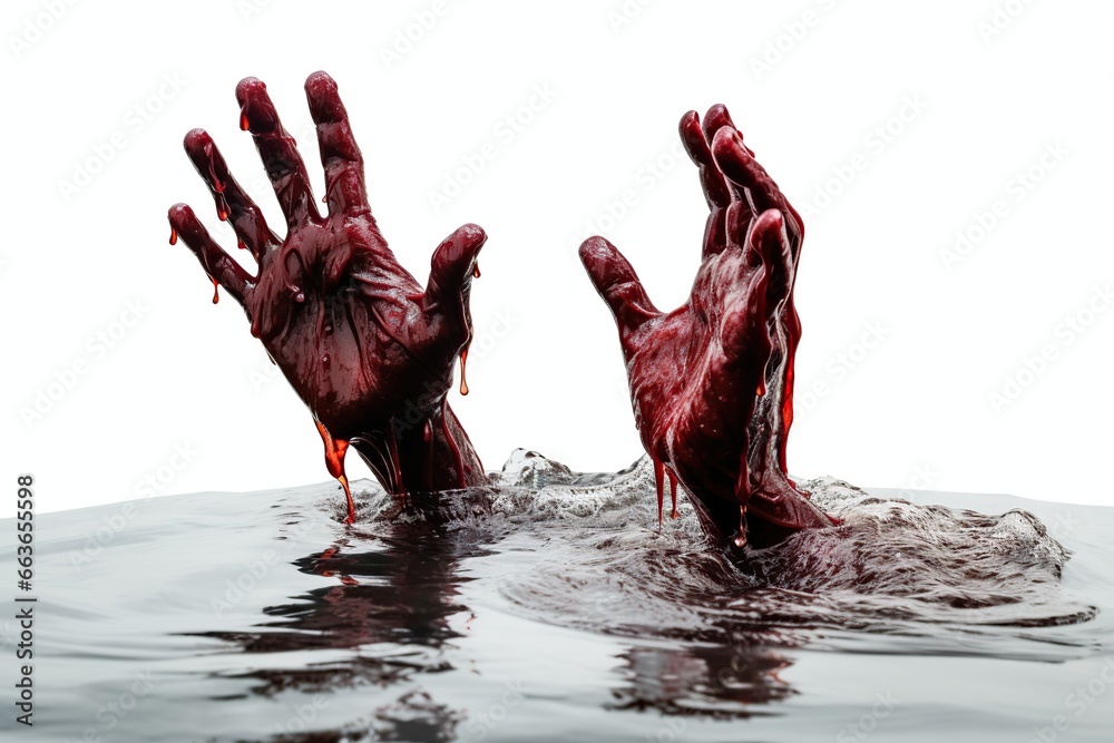 Bloody hands reaching out of water on isolated white background. Halloween theme. - obrazy, fototapety, plakaty 