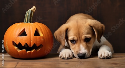 Cute puppy dog sniffing next to pumpkin. Halloween Theme.