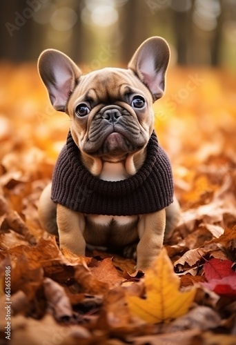 French bulldog dog wearing sweater sitting on pile of leaves. Autumn Season. © Obsidian