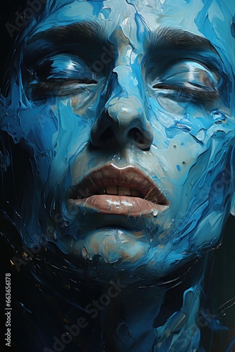 An abstract illustration of a woman face dripping with blue acrylic or oil paint.