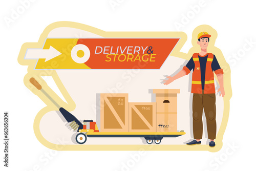 Man driving forklift loader pallet truck warehouse robot car parcel box delivery logistic transport concept.