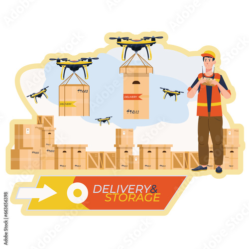 Concept of delivery of the drone flies with boxes, the delivery of parcels. Man stand near a storage and controls by smartphone. Landing, online delivery service, tracking online.