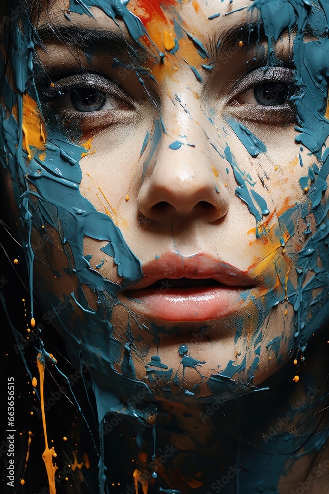 Abstract portrait of a female face covered in thick blue and yellow acrylic or oil paint.