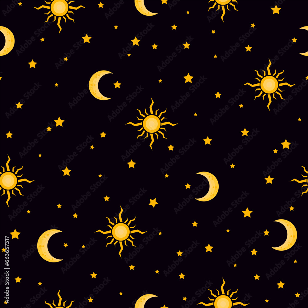 Fototapeta premium night sky seamless pattern. moon sun stars pattern. magic wizard print. crescent celestial background. good for fabric, textile, costume, wallpaper, backdrop, clothing, bedding, linen.