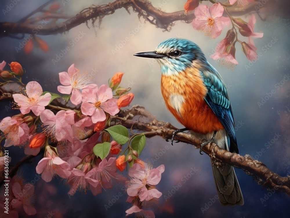 Fototapeta premium Bird on a branch with flowers in the background generative ai
