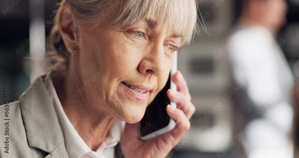 Business, phone call and senior woman in office networking, planning or b2b negotiation in coworking space. Contact, conversation and elderly female crm manager with smartphone for faq management Business, phone call and senior woman in office networking, planning or b2b negotiation in coworking space. Contact, conversation and elderly female crm manager with smartphone for faq management