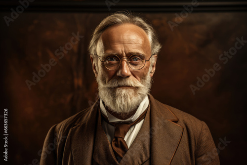 Man with a gray beard and mustache in a suit, vintage retro photo style