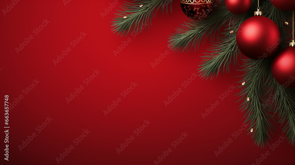 Red background,decorated with christmas ball, copy space top view, luxurious decoration background AI Generated