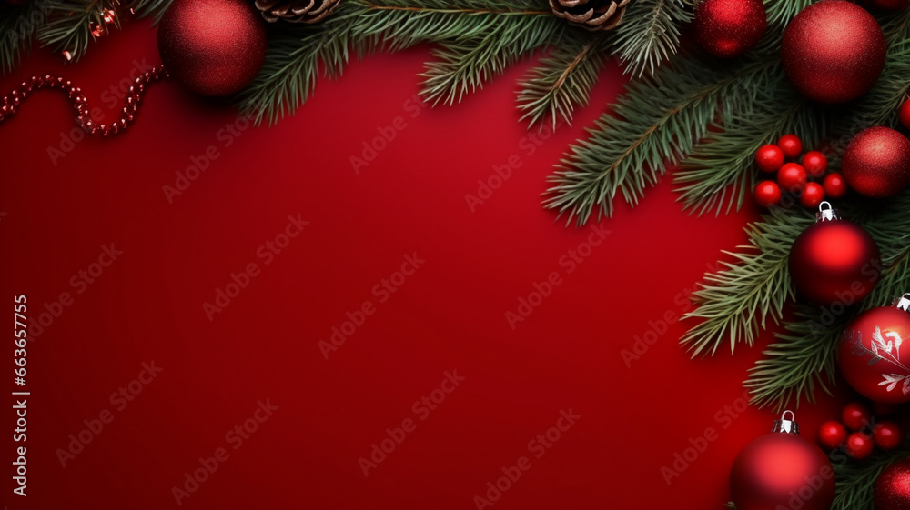 Red background,decorated with christmas ball, copy space top view, luxurious decoration background AI Generated Red background,decorated with christmas ball, copy space top view, luxurious decoration background AI Generated