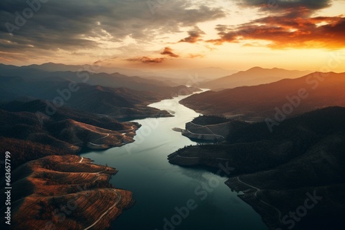 Aerial view of mountain reservoir with water at sunset. Generative AI