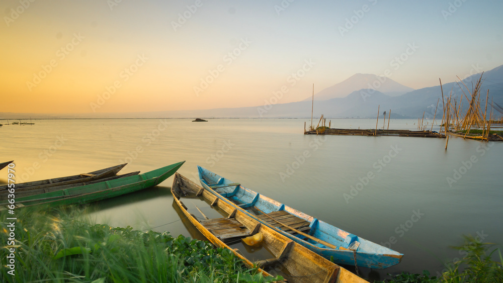 beautifull sunrise or sunset lanscape view of rawa pening lake icon of banyubiru semarang city central java indonesia