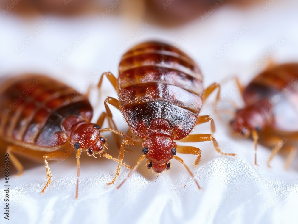 Bed bugs crawling on a bed sheet. AI generative. Bed bugs crawling on a bed sheet. AI generative.