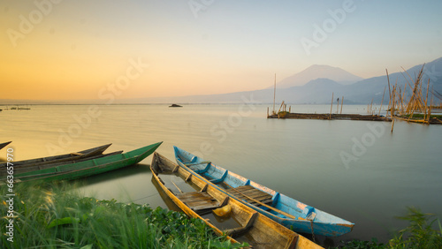 beautifull sunrise or sunset lanscape view of rawa pening lake icon of banyubiru semarang city central java indonesia
