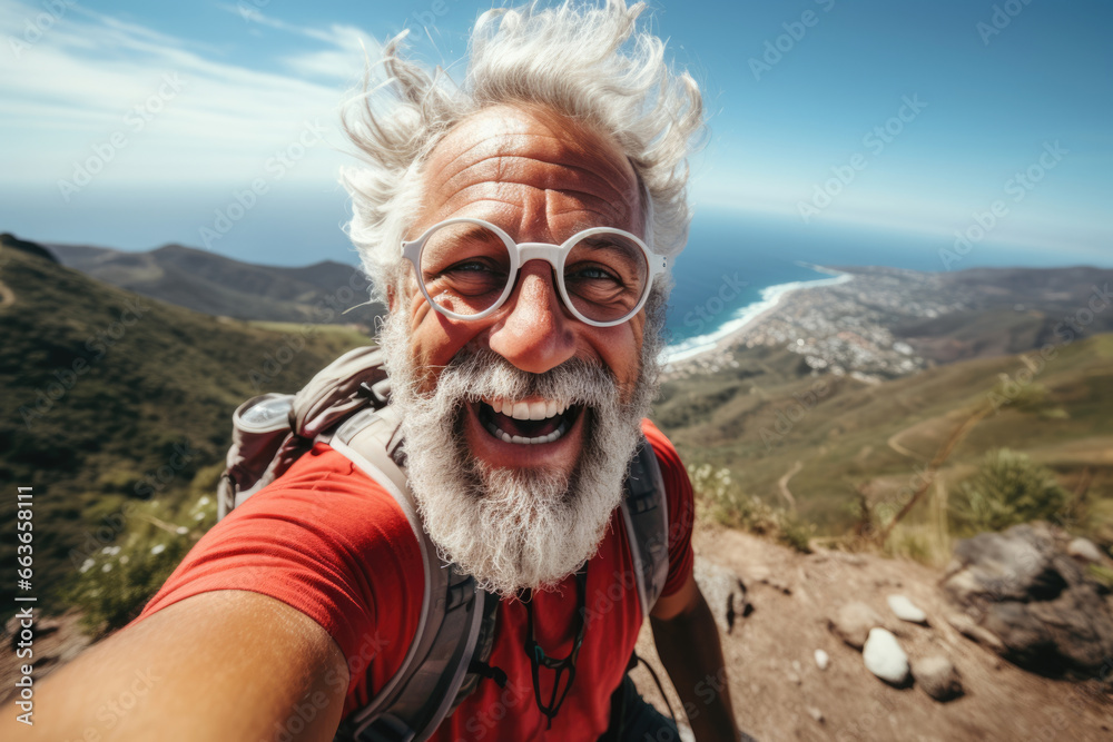 elderly man selfie on the top of a mountain