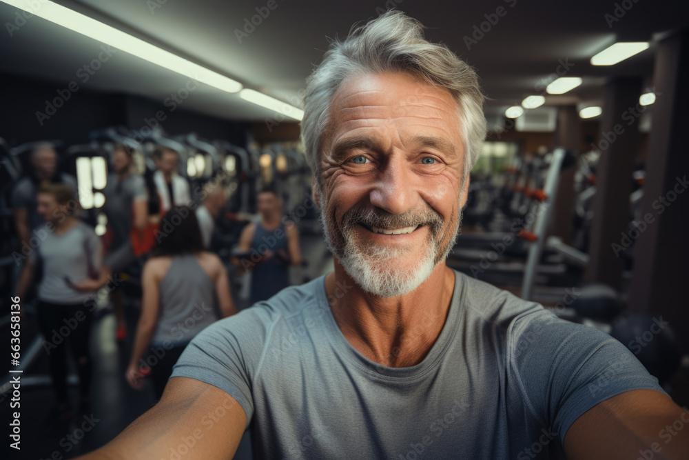 Attractive senior man selfie in gym Attractive senior man selfie in gym