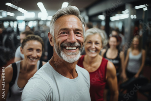 Smiling senior man taking selfie in gym during training © Michael
