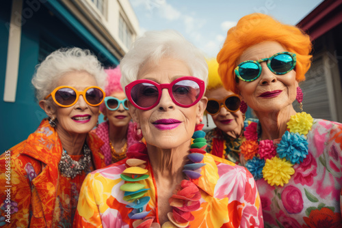 Stylish old senior ladies selfie in bright fashionable clothes