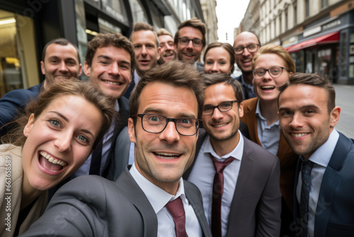 Group of business people smiling and taking a selfie, young men at a business meeting