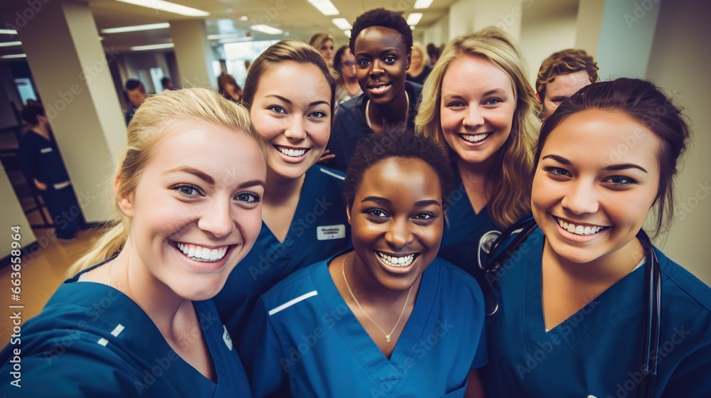A group of nursing students training at a college and their medical colleagues smile for the camera. A group of nursing students training at a college and their medical colleagues smile for the camera.